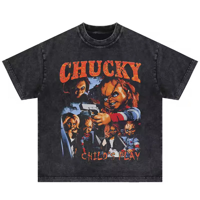 2024 Harajuku Oversize Cotton Washed Tshirt Horror Doll Gothic Punk Graphic Print T-Shirt Streetwear Hip Hop Vintage Men Tshirt